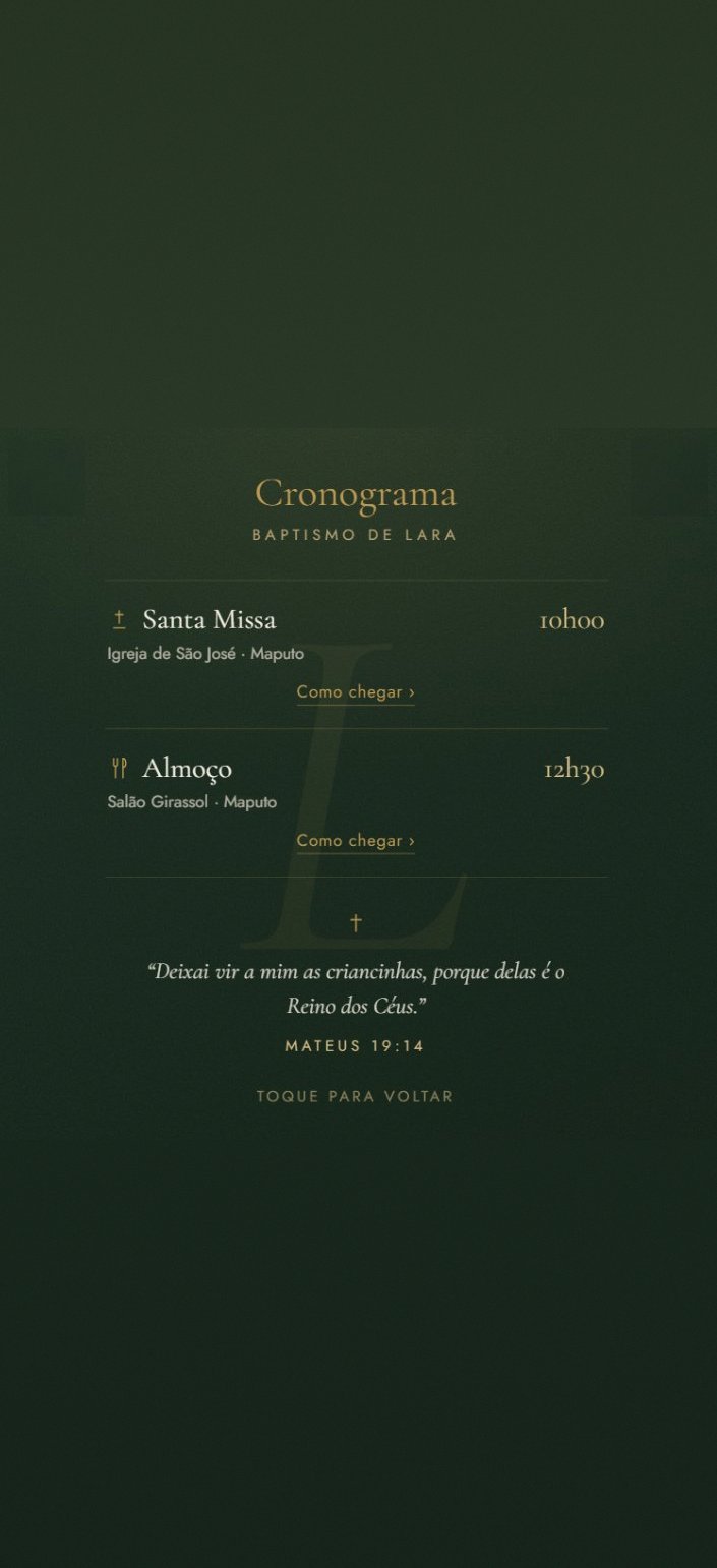 Verso do convite: cronograma com Santa Missa às 10h00 e almoço às 12h30 em Maputo